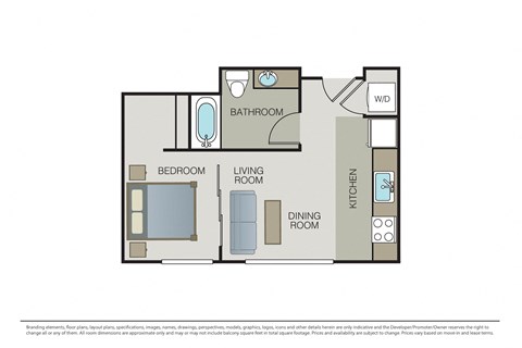 Floor plan for 1 bed, 1 bath, 510 sqft